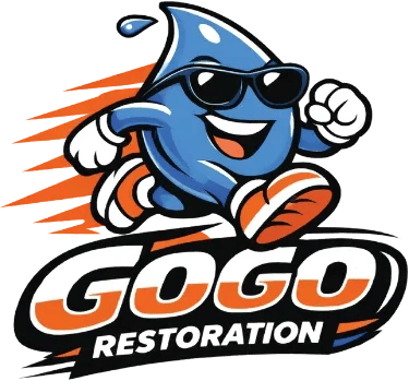 Cartoon water droplet wearing sunglasses and sneakers, running above the bold text “GoGo Restoration” with orange and black motion lines in the background.