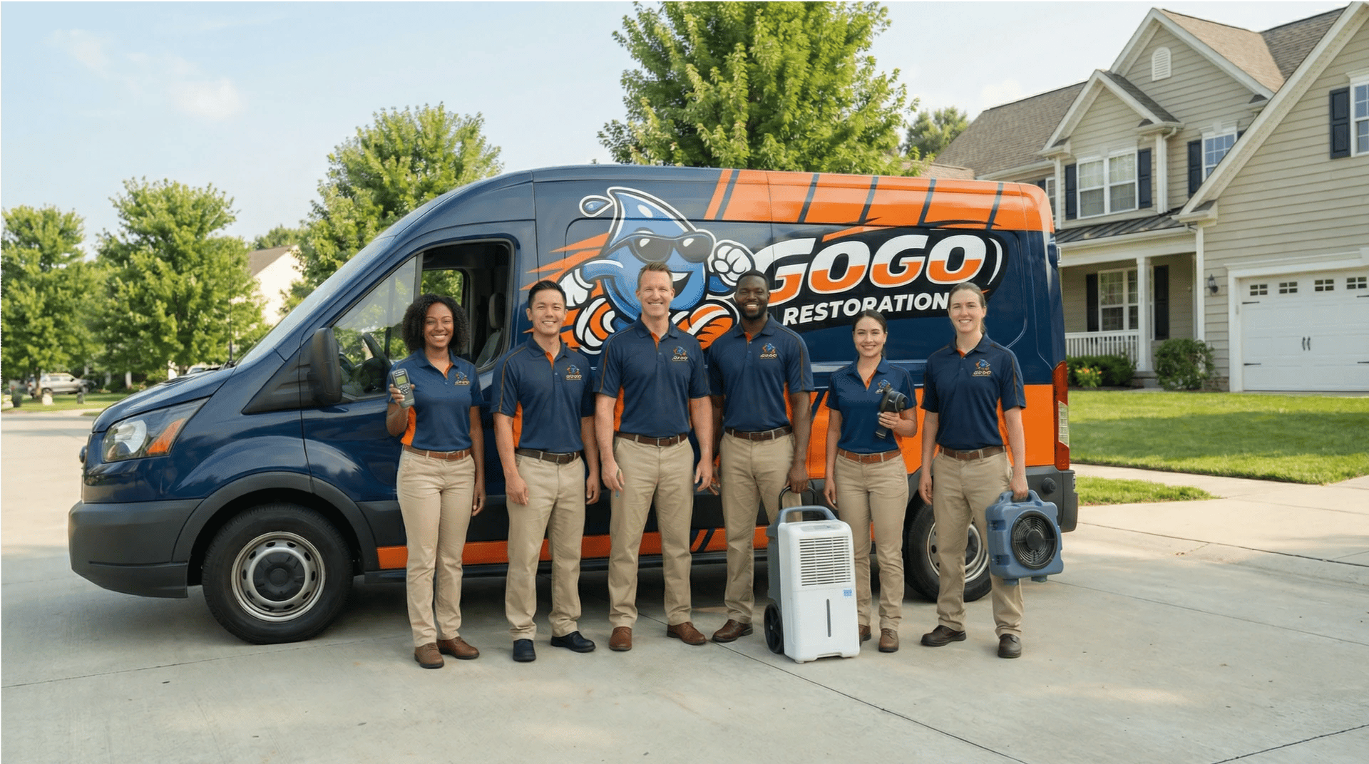Six uniformed restoration workers stand in front of a branded van parked in a suburban neighborhood, holding equipment and smiling at the camera.