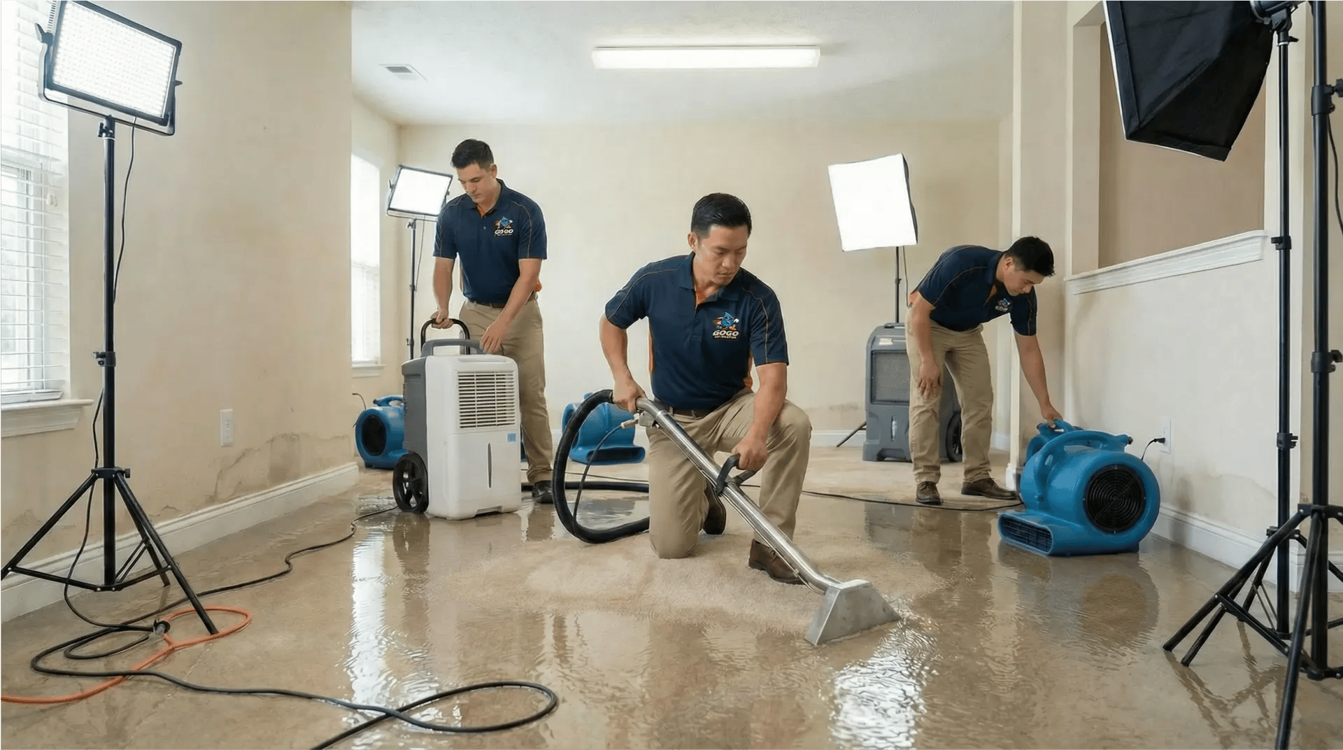 Three workers in uniform use water extraction and drying equipment to clean and dry a flooded room, with professional lighting set up around them.