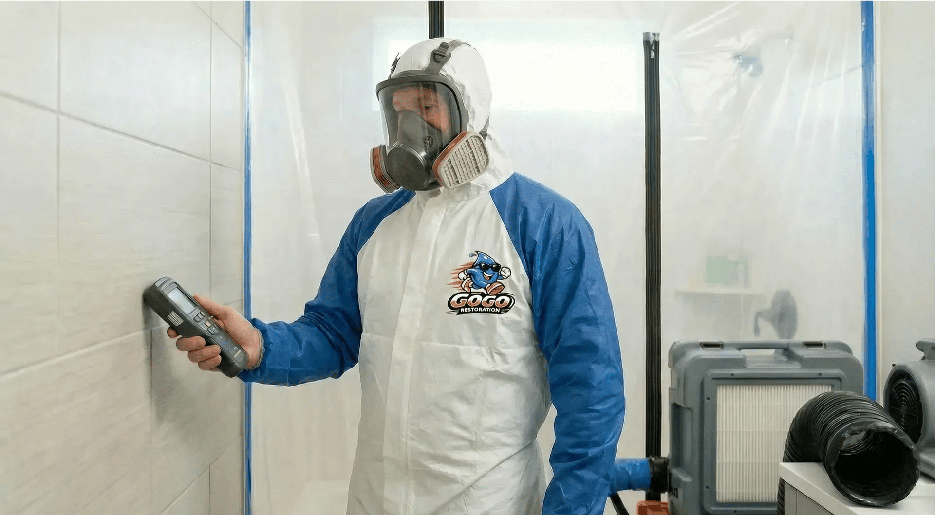 A person in protective gear uses a handheld device to inspect a tiled wall in a room with plastic sheeting and ventilation equipment.
